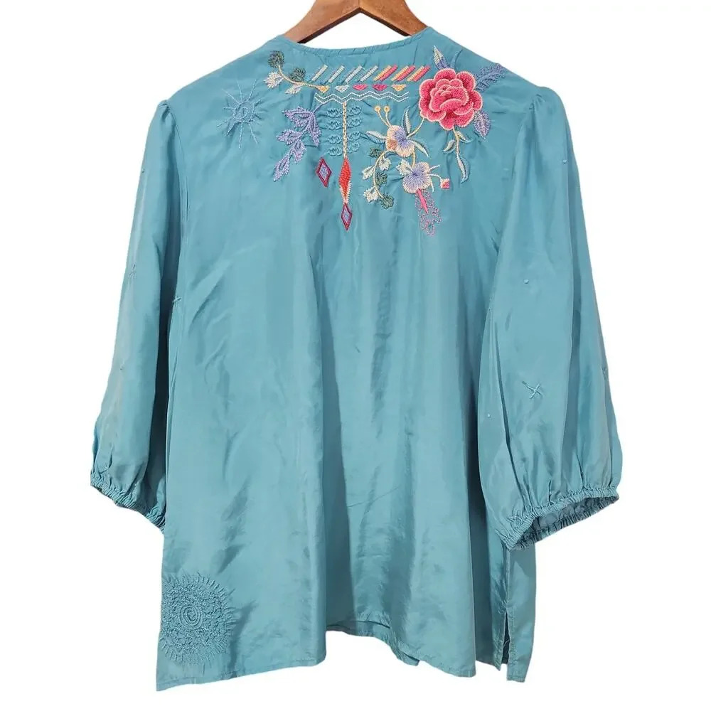 Johnny Was Workshop Taryn Flowy Tassel Silk Blouse Sea Stone Size L - Picture 7 of 9